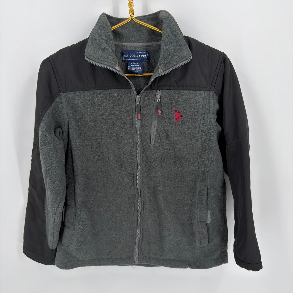 U.S. Polo Assn. Fleece Jacket Colorblock Modern Boys Size L 14/16 Gray Black Zip